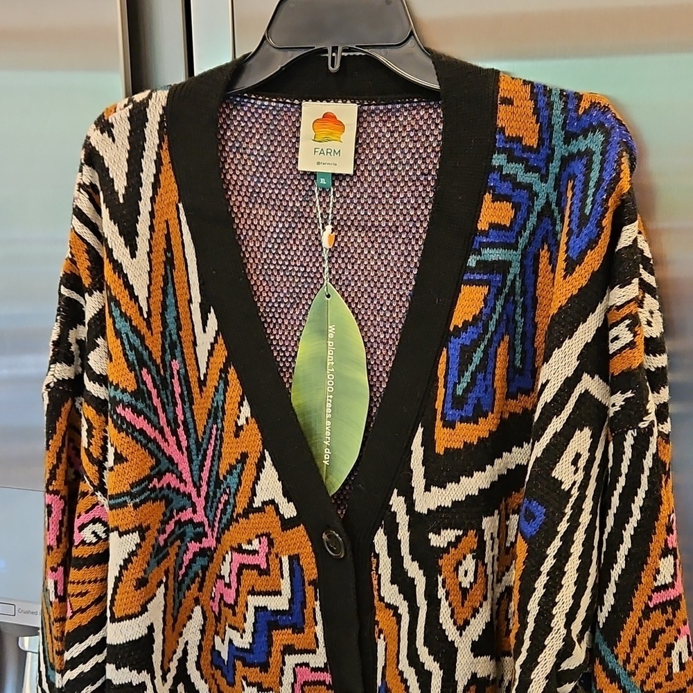 💕FARM RIO💕 Caramel Tropical Stripes Cardigan ~ Tropical Stripes Print XL NWT - Picture 10 of 16